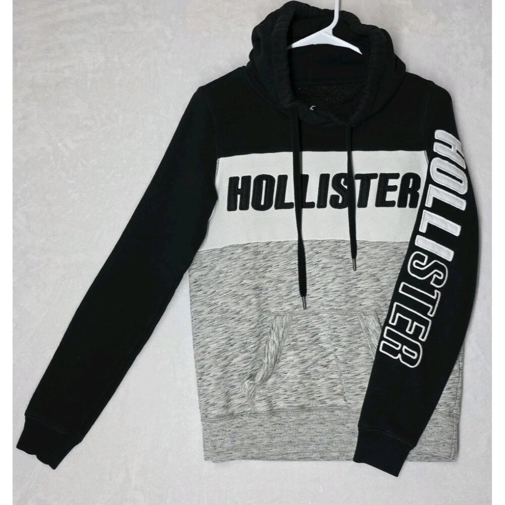 Hollister Hoodie Pullover Sweatshirt Mens Size XS Black Gray Colorblock Spellout